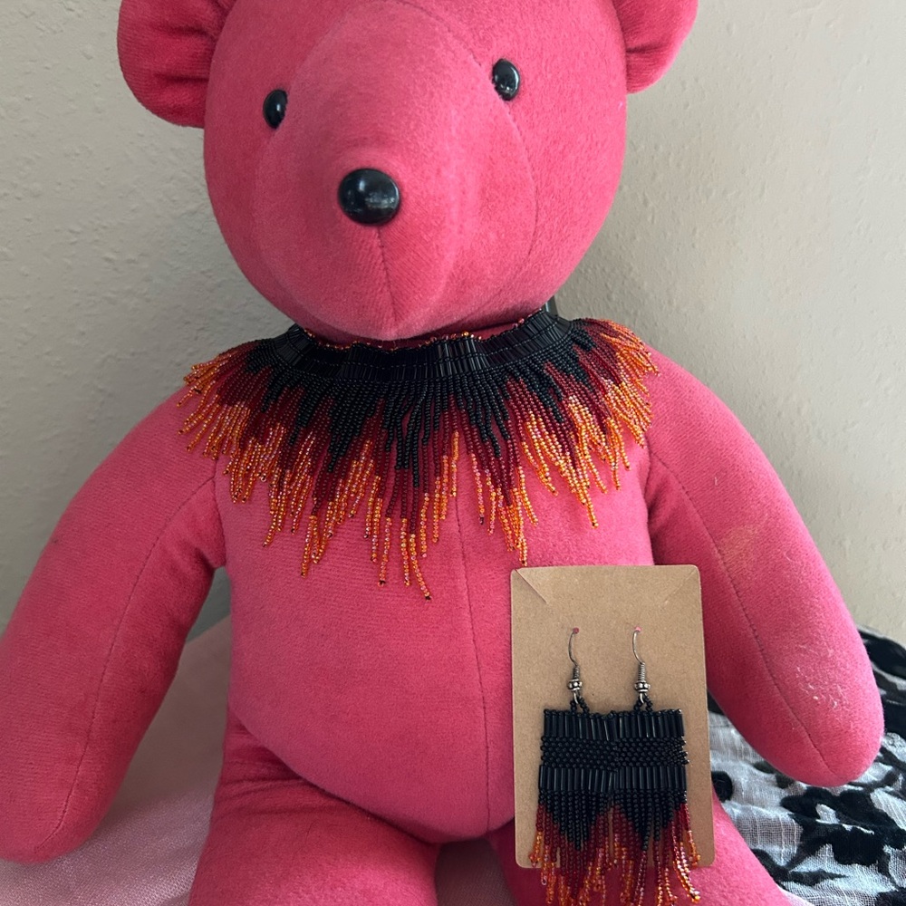 Handmade beaded fire choker necklace with matching earrings